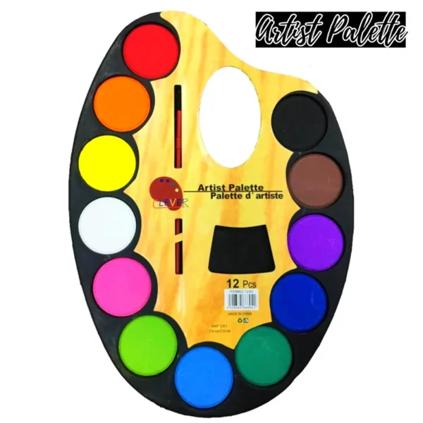 A water color plate palette of paint with a brush