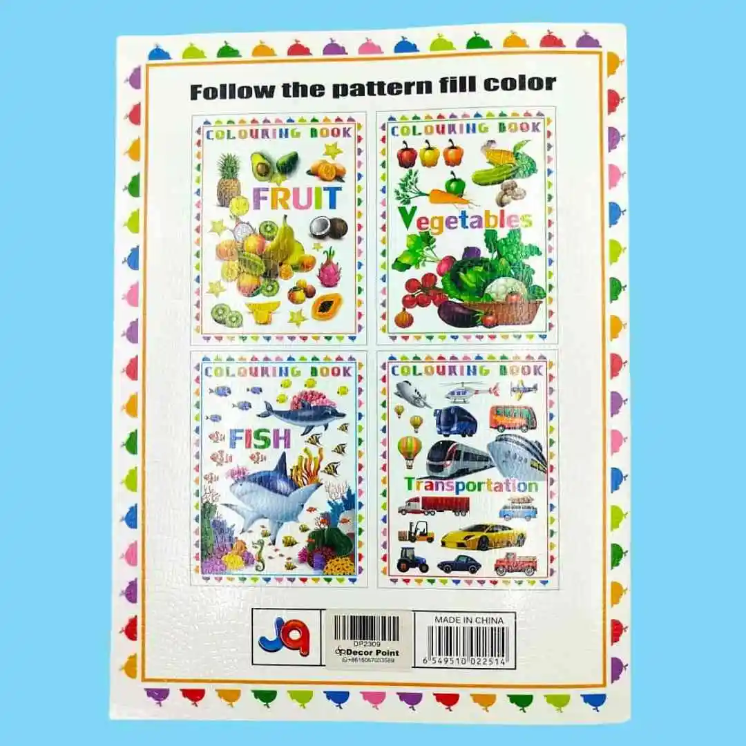 Educational Themed 4 Color Coloring Book for Kids (Fruit, Vegetables, Fish, Transportation) 5 Jb Stationers 4 color coloring book