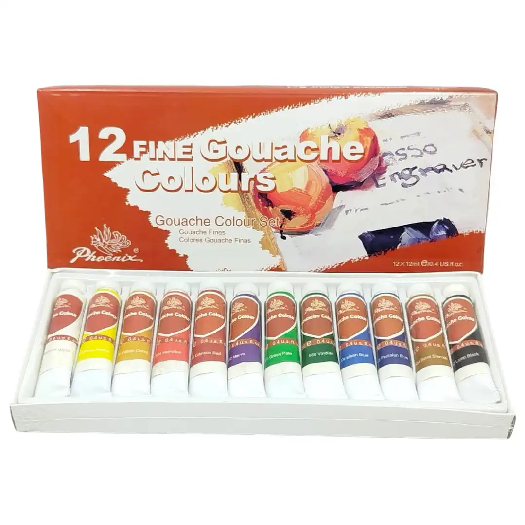 Phoenix Fine Gouache Colour Set – 12 Vibrant 12ml Tubes for Professional Illustration and Design 1 Jb Stationers Phoenix Fine Gouache Colour Set
