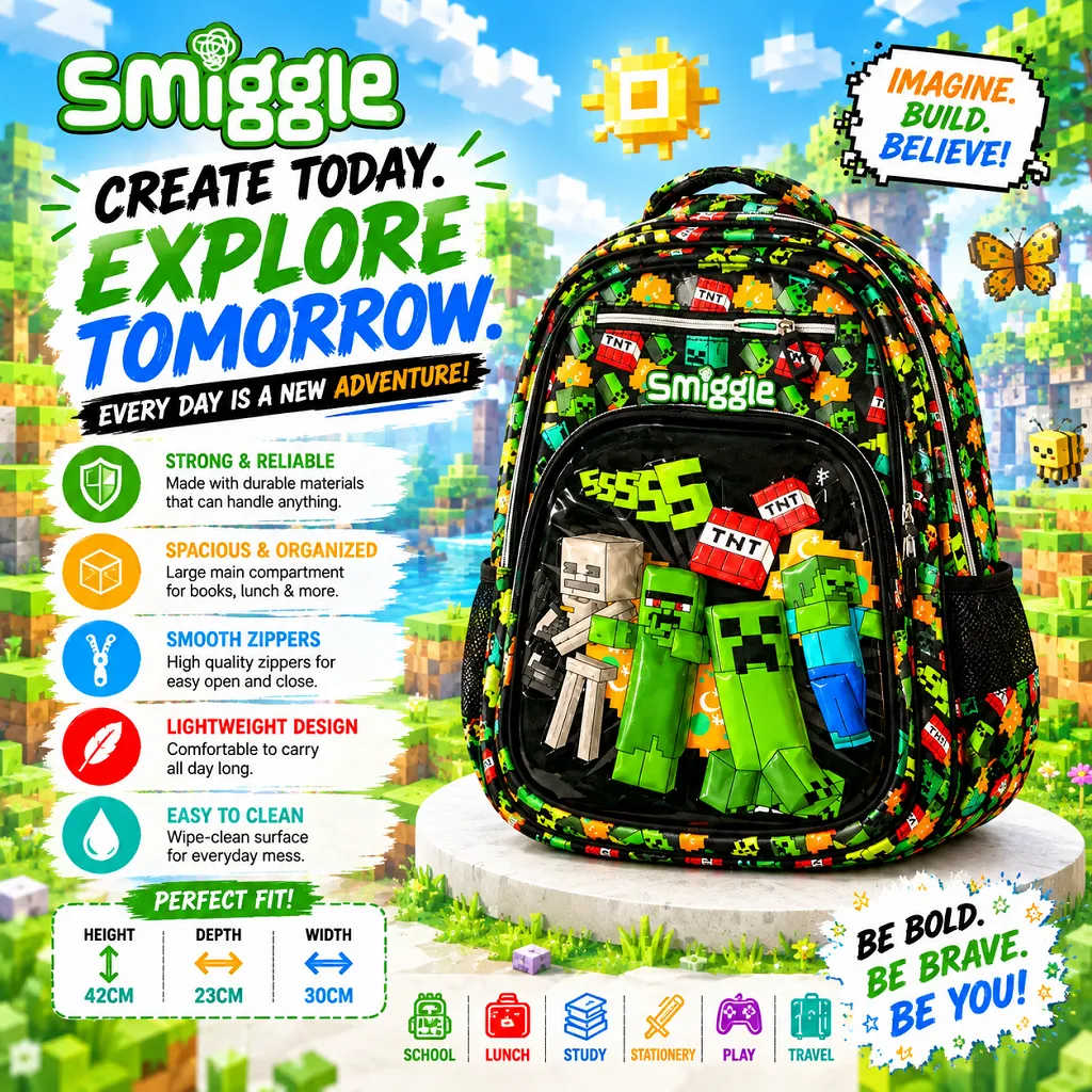 Smiggle Gaming Adventure Kids Bag – Minecraft Style School Bag 1 Jb Stationers Smiggle Gaming Adventure Kids Bag