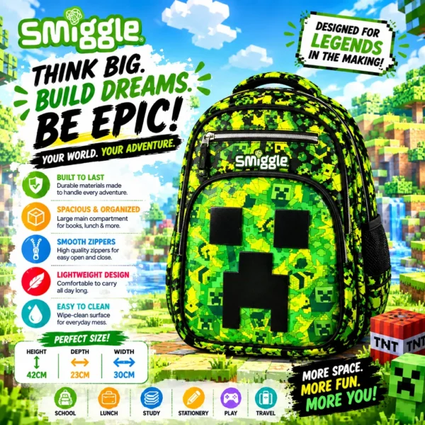 Smiggle Green Pixel Gaming Kids Bag