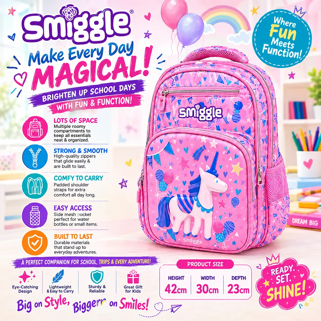 Smiggle Girls Unicorn School Bag – Pink Kids Bag 1 Jb Stationers Smiggle Girls Unicorn School Bag