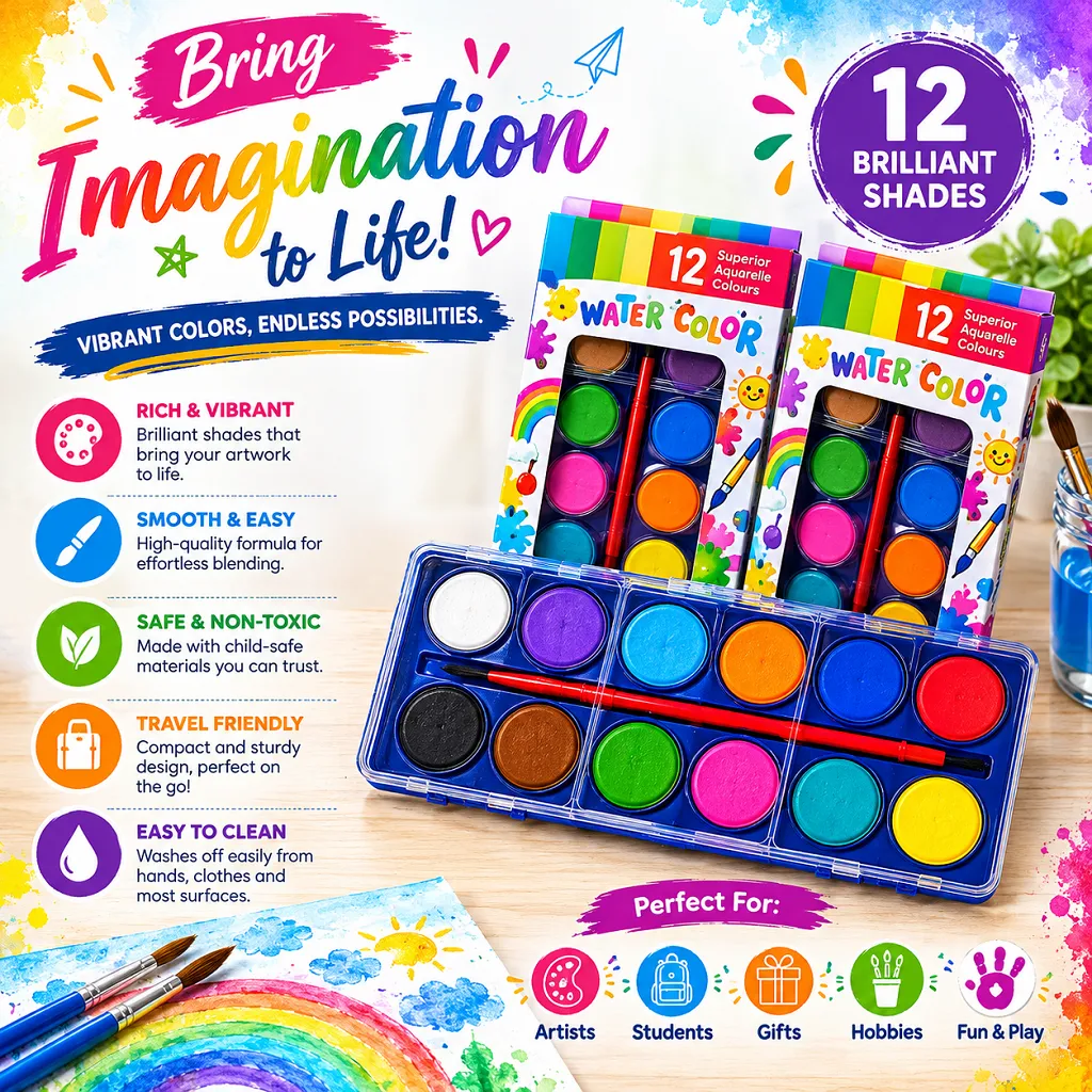 12 Color Watercolor Paint with Brush 1 Jb Stationers 12 Color Watercolor Paint