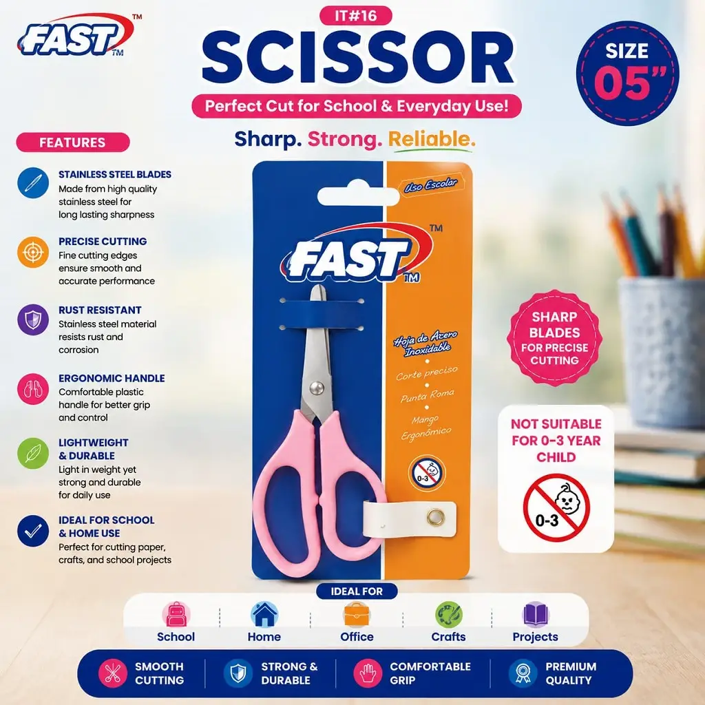 FAST 5" Stainless Steel Scissors - Sharp Cutting Scissors 1 Jb Stationers 5" Stainless Steel Sharp Cutting Scissors